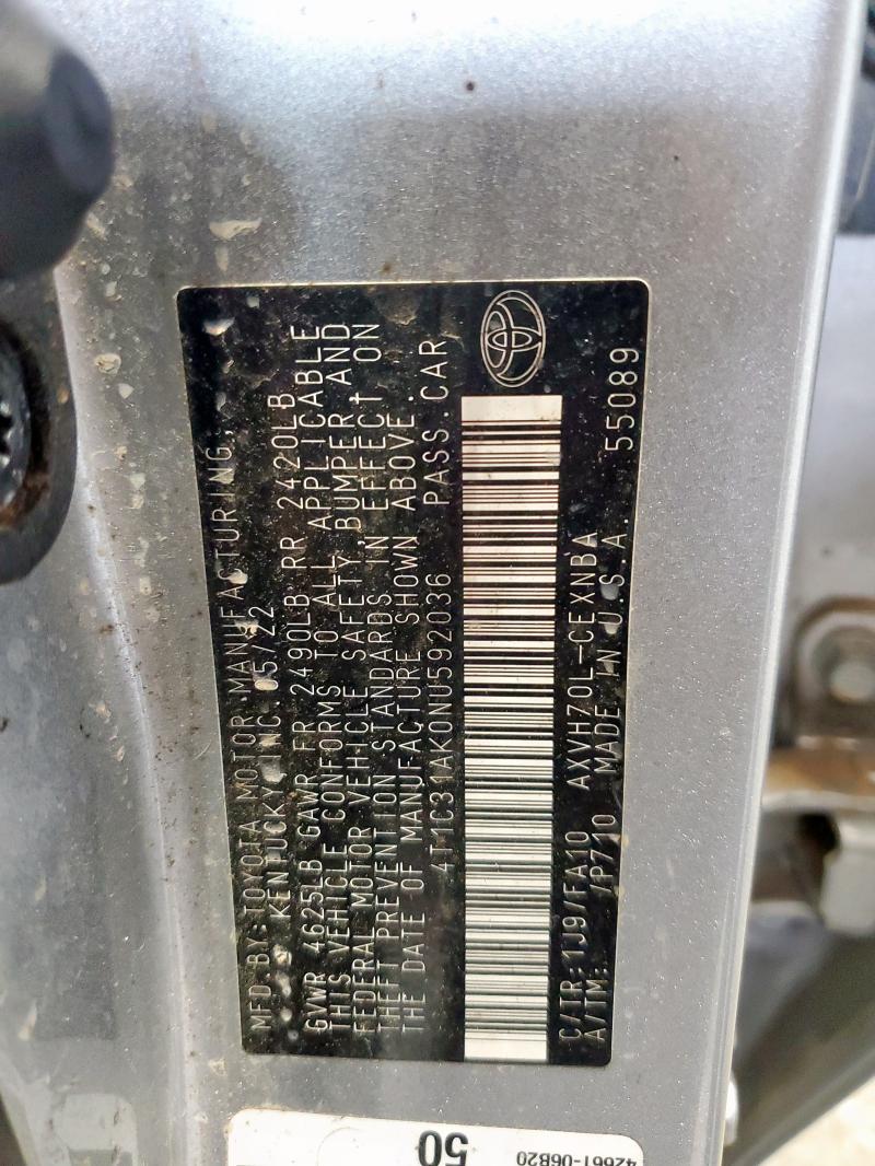 4T1C31AK0NU592036 - 2022 TOYOTA CAMRY LE GRAY photo 12