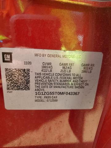 1G1ZG5ST0MF043367 - 2021 CHEVROLET MALIBU RS 红色 照片 12