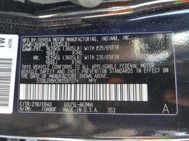 5TDGZRBH2NS587074 - 2022 TOYOTA HIGHLANDER XLE BLACK photo 13