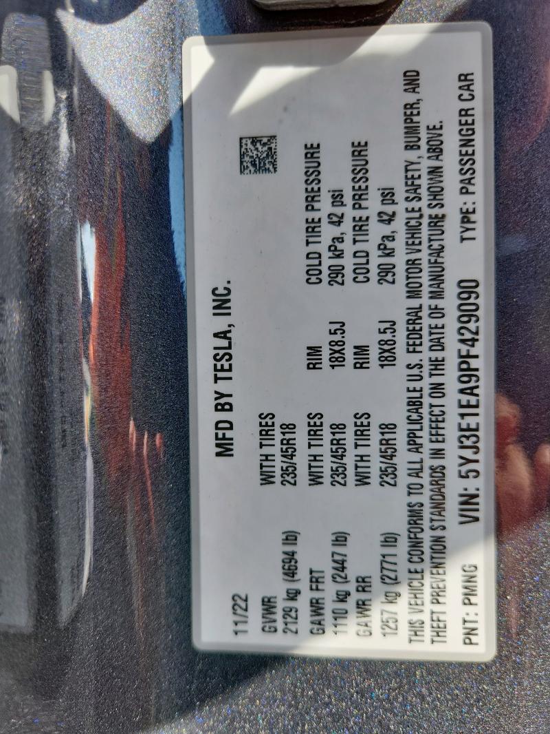 5YJ3E1EA9PF429090 - 2023 TESLA MODEL 3 CHARCOAL photo 12