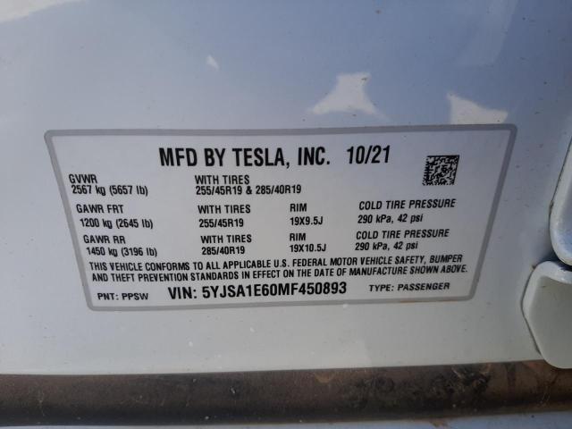 5YJSA1E60MF450893 - 2021 TESLA MODEL S თეთრი ფოტო 10