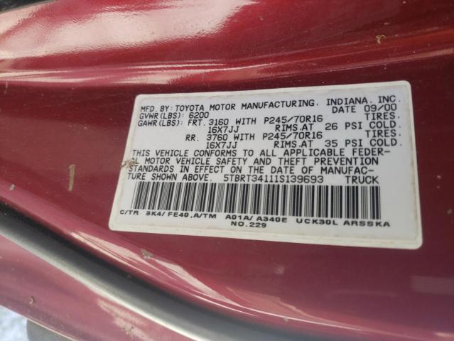 5TBRT34111S139693 - 2001 TOYOTA TUNDRA ACCESS CAB RED photo 12