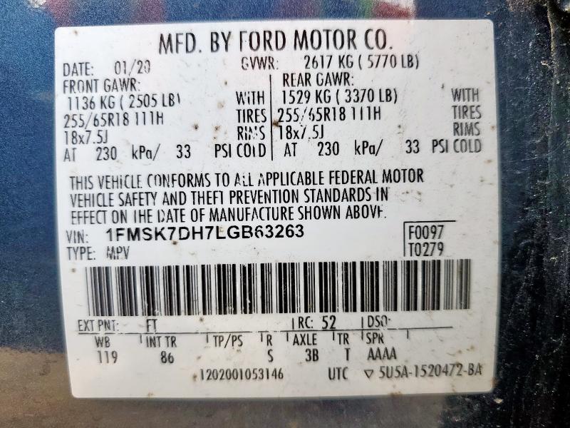 1FMSK7DH7LGB63263 - 2020 FORD EXPLORER XLT BLUE photo 13