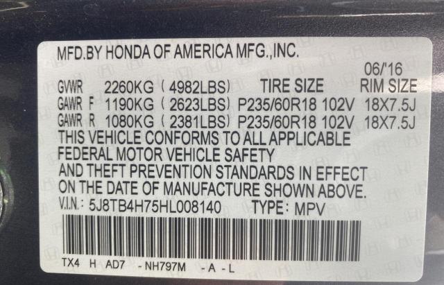 5J8TB4H75HL008140 - 2017 ACURA RDX ADVANCE GRAY photo 10