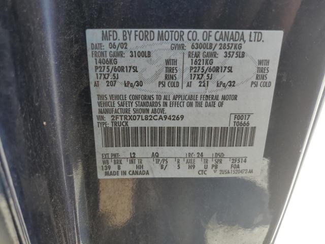 2FTRX07L82CA94269 - 2002 FORD F150 BLUE photo 12