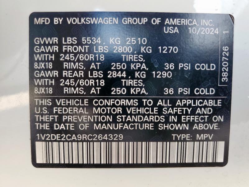 1V2DE2CA9RC264329 - 2024 VOLKSWAGEN ATLAS CROS SE WHITE photo 13