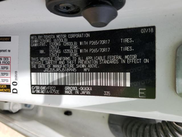 JTEZU5JR5J5189945 - 2018 TOYOTA 4RUNNER SR5 白色 照片 13