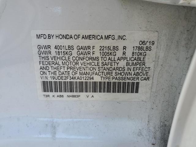 19UDE2F34KA012294 - 2019 ACURA ILX WHITE photo 12