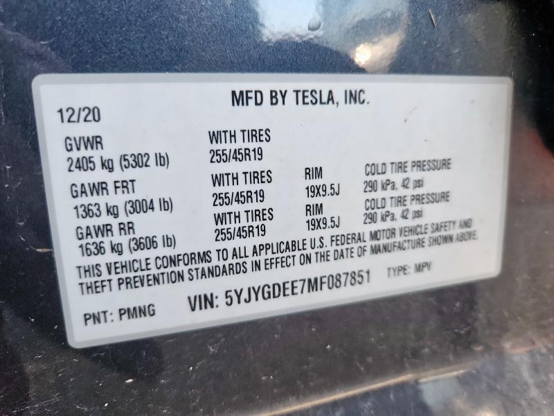 5YJYGDEE7MF087851 - 2021 TESLA MODEL Y Сірий фото 12