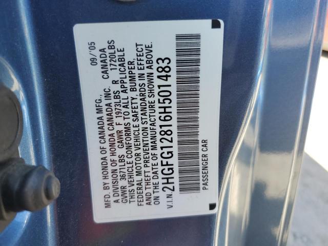 2HGFG12816H501483 - 2006 HONDA CIVIC EX BLUE photo 12