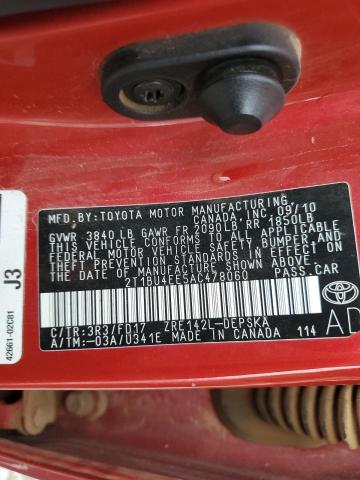 2T1BU4EE5AC478060 - 2010 TOYOTA COROLLA BASE RED photo 13