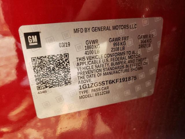 1G1ZG5ST6KF191875 - 2019 CHEVROLET MALIBU RS 红色 照片 12