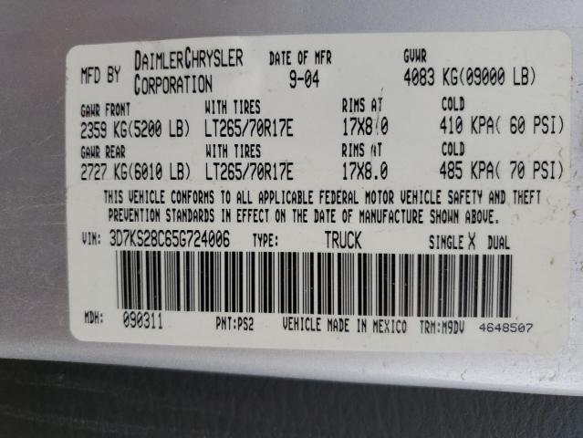 3D7KS28C65G724006 - 2005 DODGE RAM 2500 ST 银色 照片 12