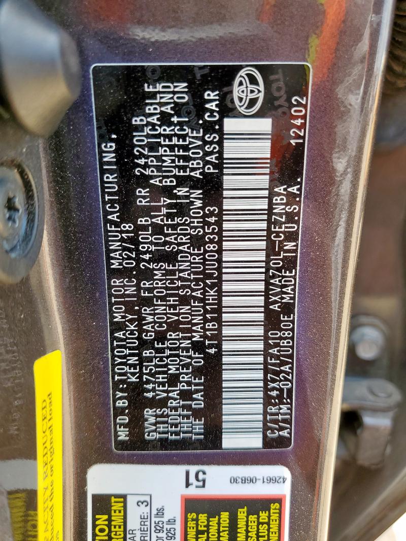 4T1B11HK1JU083543 - 2018 TOYOTA CAMRY L 石墨色 照片 12