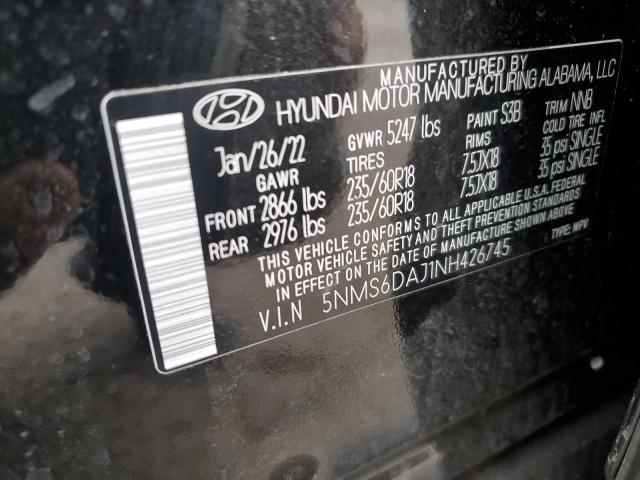 5NMS6DAJ1NH426745 - 2022 HYUNDAI SANTA FE SEL BLACK photo 10