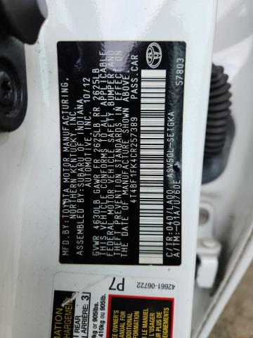 4T4BF1FK4CR257389 - 2012 TOYOTA CAMRY BASE WHITE photo 12