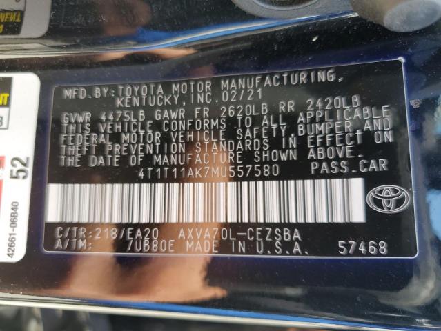 4T1T11AK7MU557580 - 2021 TOYOTA CAMRY SE BLACK photo 12