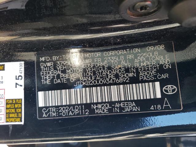 JTDKB20U093476892 - 2009 TOYOTA PRIUS BLACK photo 12