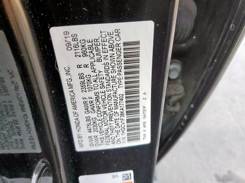 1HGCV1F38KA177402 - 2019 HONDA ACCORD SPORT BLACK photo 12