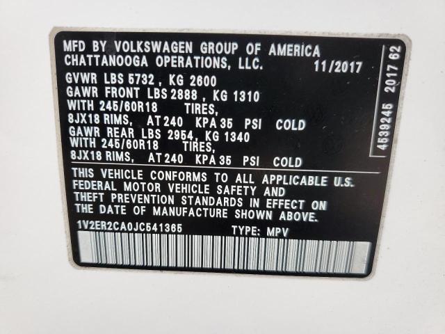 1V2ER2CA0JC541365 - 2018 VOLKSWAGEN ATLAS SEL WHITE photo 13