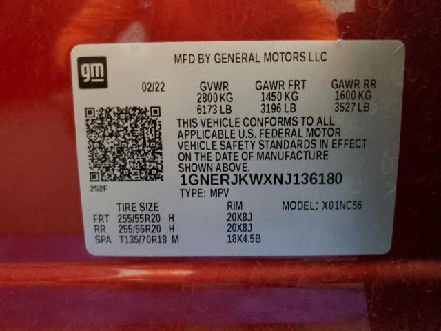 1GNERJKWXNJ136180 - 2022 CHEVROLET TRAVERSE RS RED photo 13