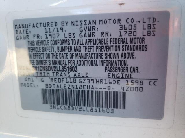 3N1CN8DV2LL851603 - 2020 NISSAN VERSA S WHITE photo 12