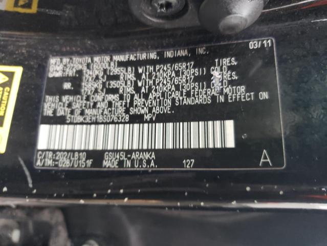 5TDBK3EH1BS076328 - 2011 TOYOTA HIGHLANDER BASE BLACK photo 13