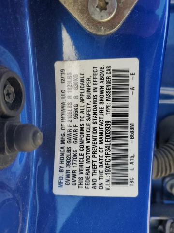 19XFC1F34LE003939 - 2020 HONDA CIVIC EX BLUE photo 12
