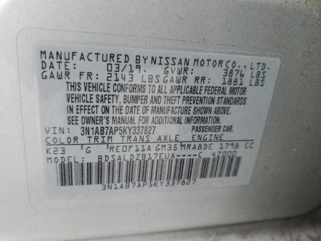 3N1AB7AP5KY337827 - 2019 NISSAN SENTRA S SILVER photo 12