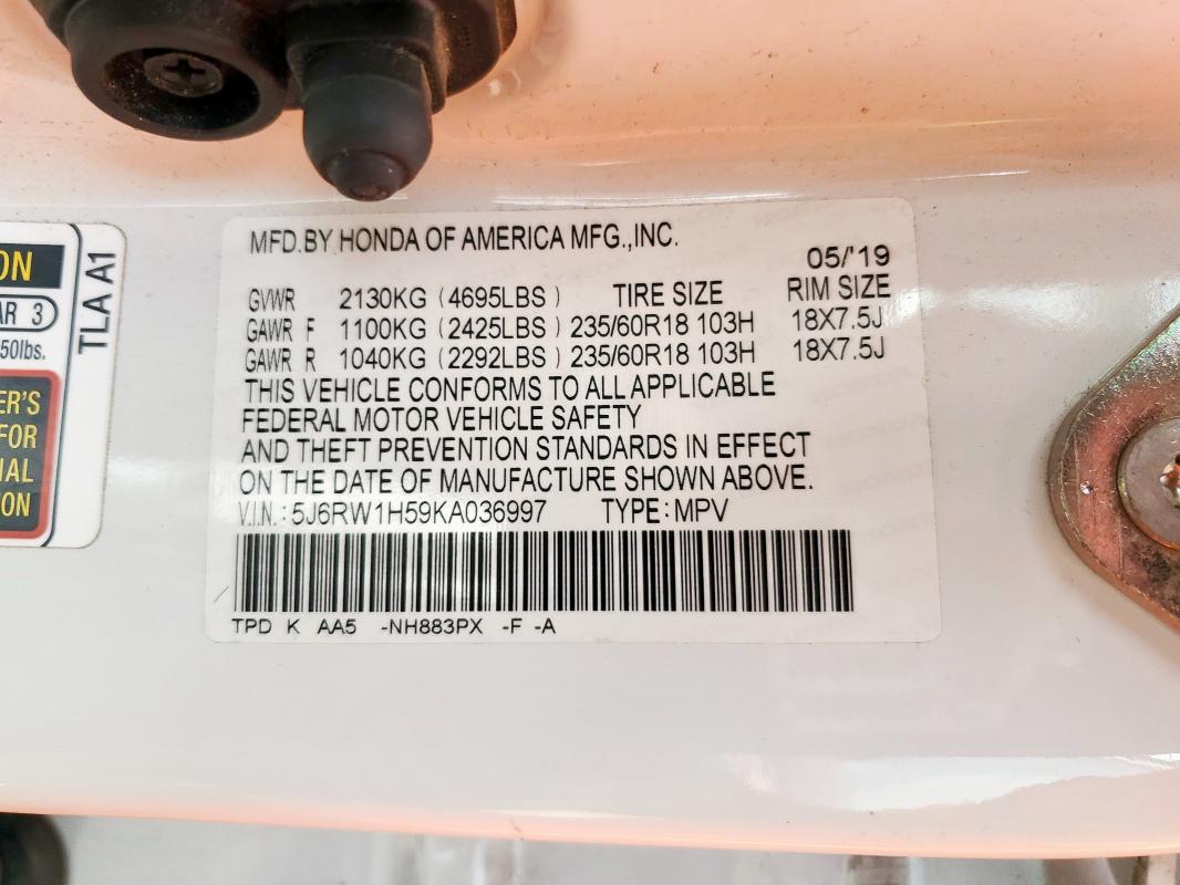 5J6RW1H59KA036997 - 2019 HONDA CR-V EX Blanc photo 13