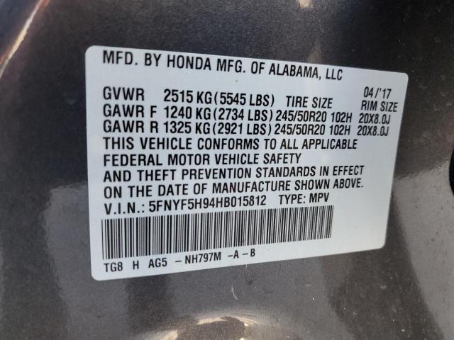 5FNYF5H94HB015812 - 2017 HONDA PILOT TOURING GRAY photo 13