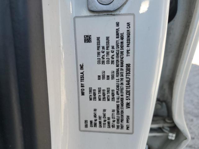 5YJ3E1EA4LF783898 - 2020 TESLA MODEL 3 WHITE photo 12
