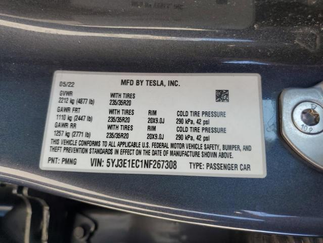 5YJ3E1EC1NF267308 - 2022 TESLA MODEL 3 灰色 照片 12