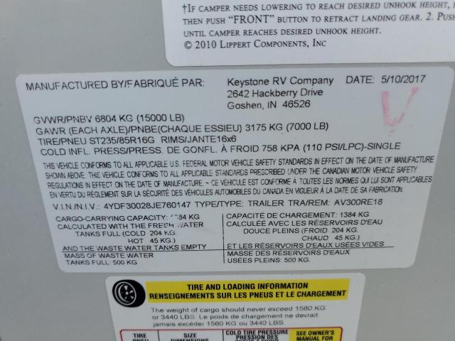 4YDF30028JE760147 - 2018 KEYSTONE AVALANCHE თეთრი ფოტო 10