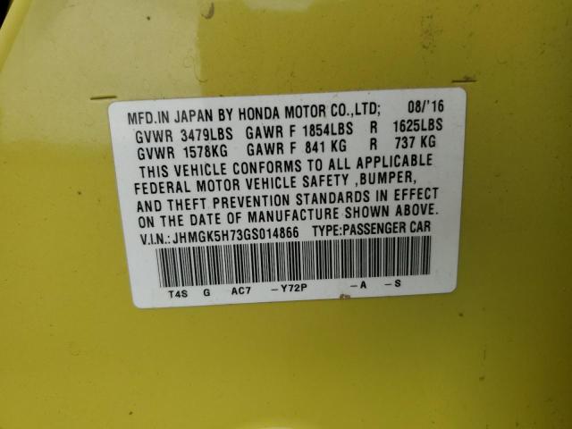 JHMGK5H73GS014866 - 2016 HONDA FIT EX YELLOW photo 12