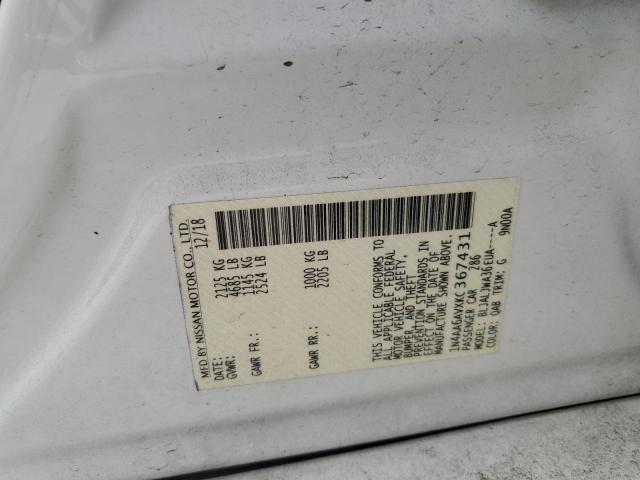 1N4AA6AVXKC367431 - 2019 NISSAN MAXIMA S WHITE photo 12