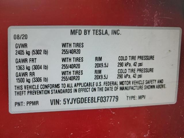 5YJYGDEE8LF037779 - 2020 TESLA MODEL Y Qırmızı foto 12