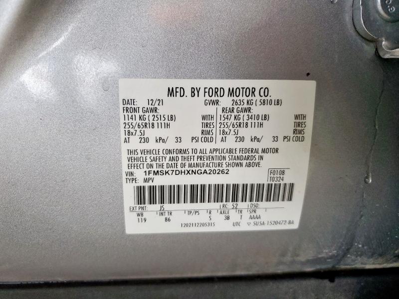 1FMSK7DHXNGA20262 - 2022 FORD EXPLORER XLT Gümüş foto 13