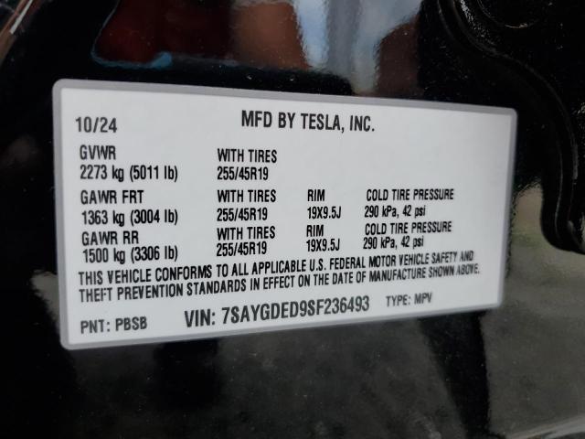 7SAYGDED9SF236493 - 2025 TESLA MODEL Y 黑色 照片 12