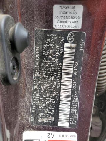 4T1BK3DB5BU389726 - 2011 TOYOTA AVALON BASE 勃艮第红 照片 12