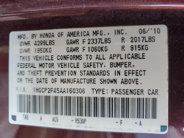 1HGCP2F45AA160306 - 2010 HONDA ACCORD LXP MAROON photo 12