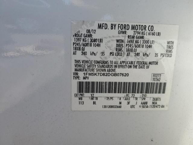 1FM5K7D82DGB07620 - 2013 FORD EXPLORER XLT WHITE photo 13