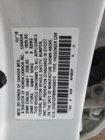 2HGFC2F80KH506275 - 2019 HONDA CIVIC SPORT WHITE photo 13