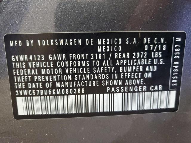 3VWC57BU5KM080366 - 2019 VOLKSWAGEN JETTA S GRAY photo 12