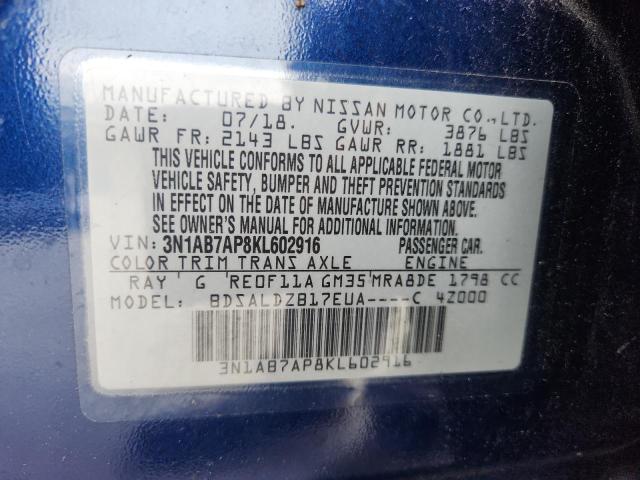 3N1AB7AP8KL602916 - 2019 NISSAN SENTRA S 蓝色 照片 13