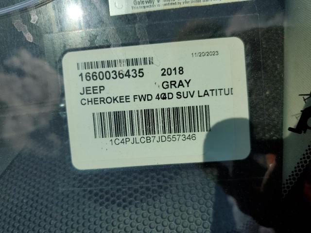 1C4PJLCB7JD557346 - 2018 JEEP CHEROKEE LATITUDE ნაცრისფერი ფოტო 12