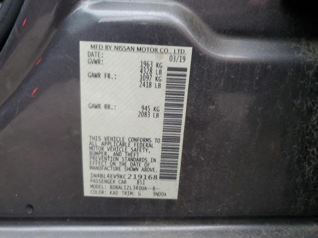 1N4BL4EV9KC219168 - 2019 NISSAN ALTIMA SL 灰色 照片 12