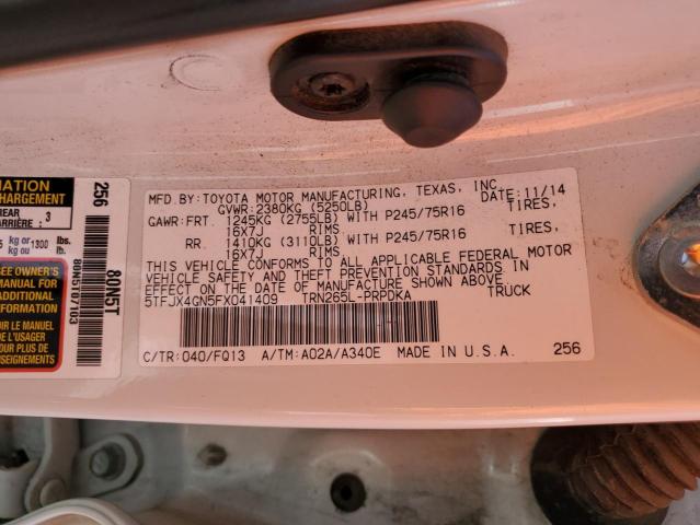 5TFJX4GN5FX041409 - 2015 TOYOTA TACOMA DOUBLE CAB PRERUNNER WHITE photo 12