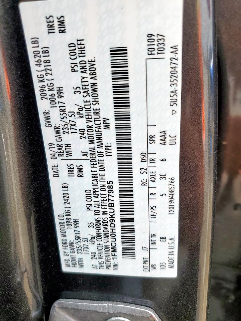 1FMCU0HD9KUB77985 - 2019 FORD ESCAPE SEL ნაცრისფერი ფოტო 14