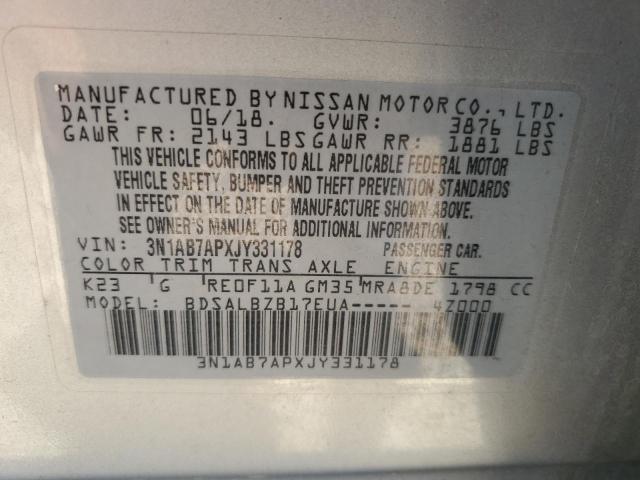 3N1AB7APXJY331178 - 2018 NISSAN SENTRA S 银色 照片 12